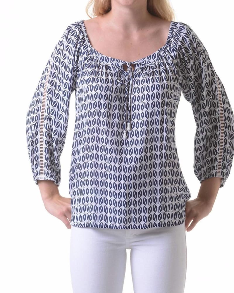Front of a model wearing a size XL Peasant Top in Navy Geo in Navy Geo by Walker & Wade. | dia_product_style_image_id:334509